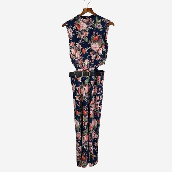 Abercrombie & Fitch Floral Maxi Dress High Neck Cut Out Waist Belted Navy Size S - Picture 5 of 16